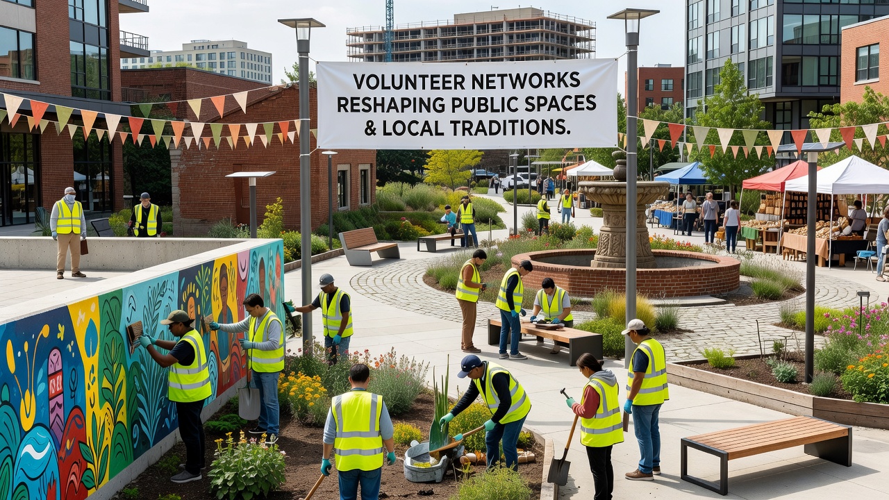 Group of volunteers setting up decorations for a community festival in a revitalized public square